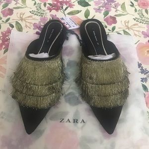NWT Zara Flat mules with Fringe. Size 6.5